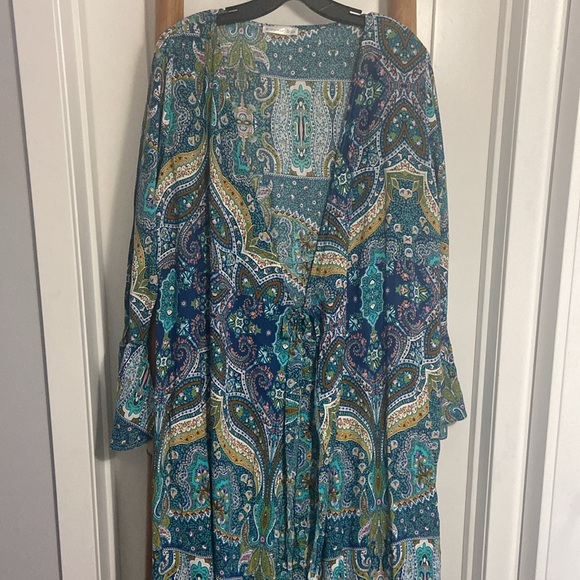R. VIVIMOS Blue & Chartreuse Paisley Ruffled Maxi Wrap Dress SZ LG (12/14) - Picture 4 of 12